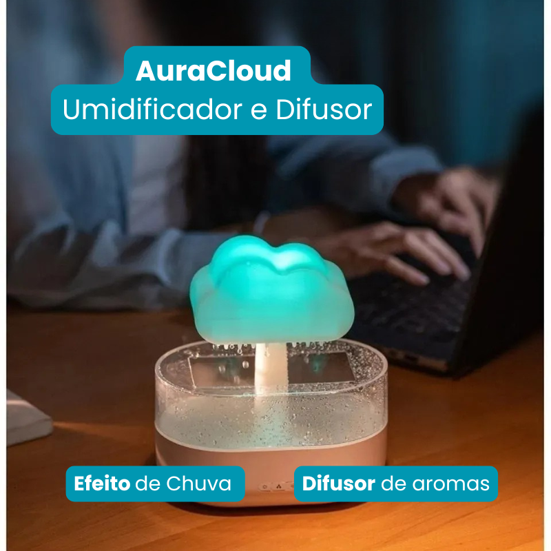 AuraCloud – Umidificador e Difusor de Chuva Terapêutica com LED 7 Cores
