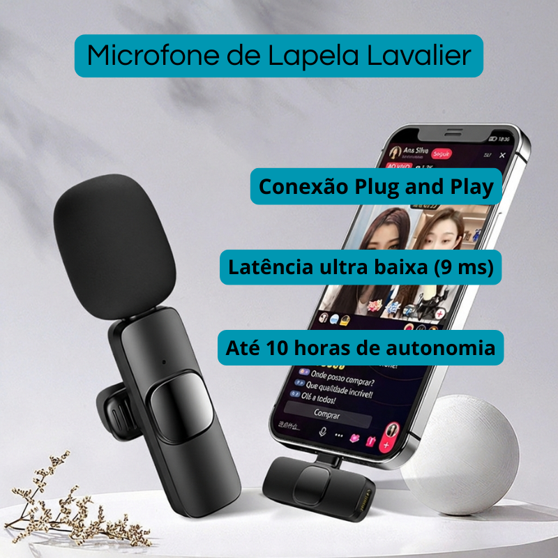 Microfone de Lapela Lavalier - Mini Mic Portátil para iPhone e Android